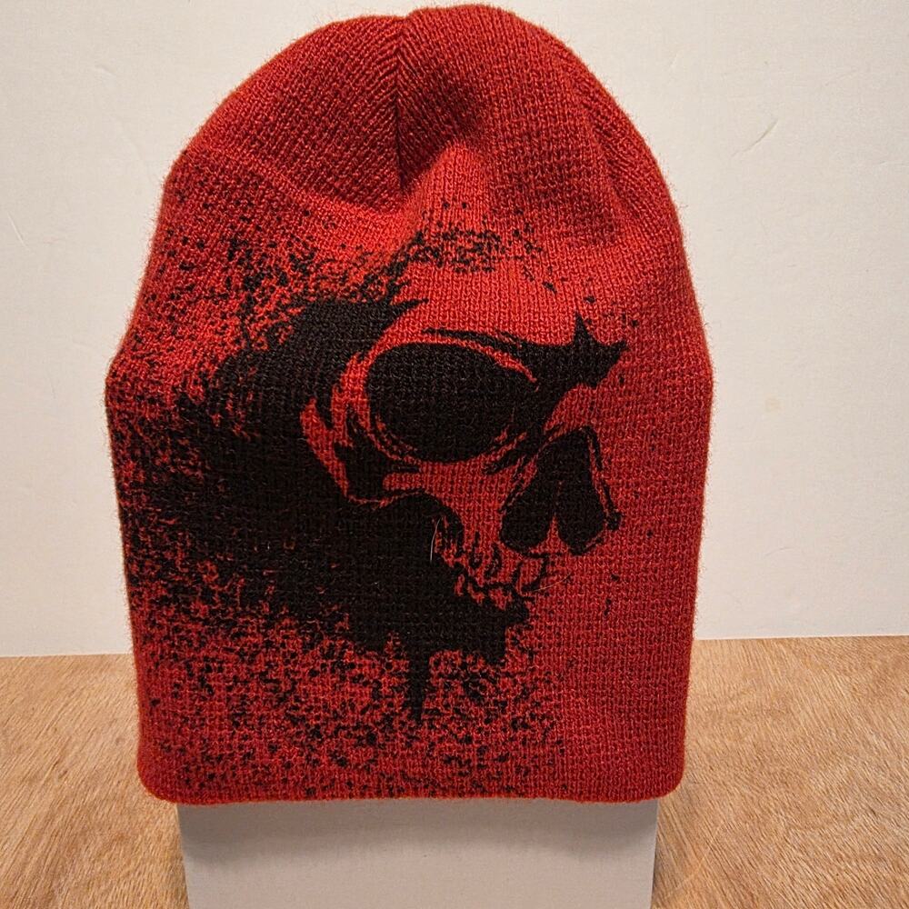 Red Knit Beanie distressed black skull graphic on the front